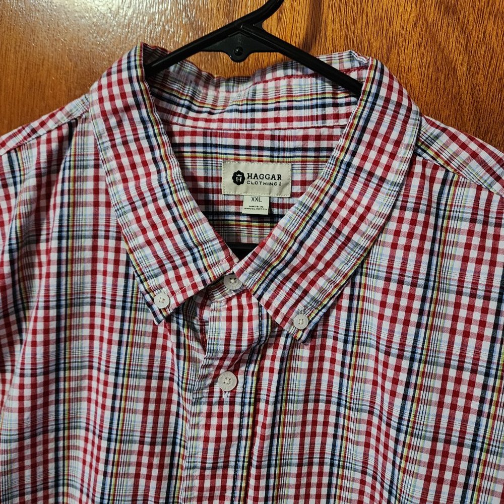Men's 2XL Haggar Clothing White/Red/Blue Plaid Long Sleeve Button Down Shirt